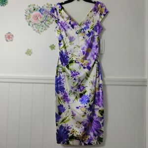 Maggy London Dress Silky Satin V Neck Midi Fitted Floral Event Classic NWT